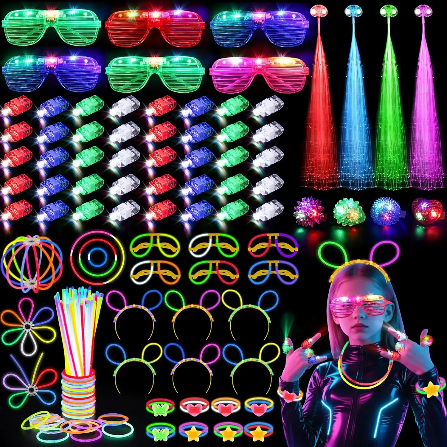 Glow In The Dark Party Glasses - 128개 LED 라이트업 안경, 헤어핀, 손가락