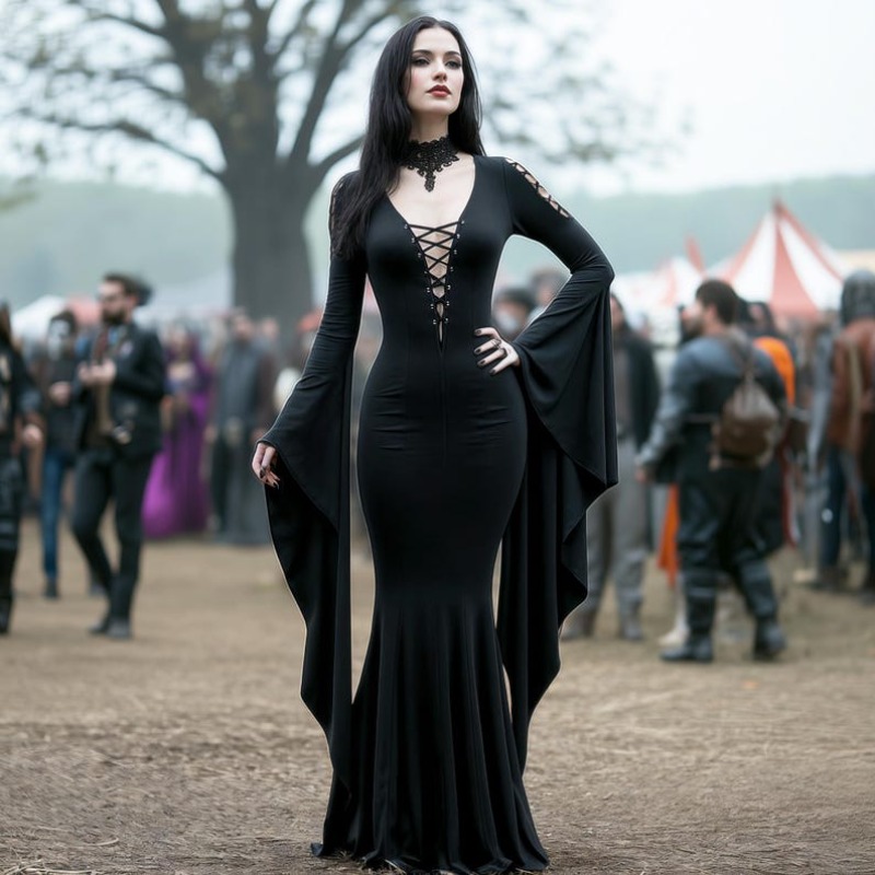 Medieval Renaissance Dress Women - 중세 고딕 마녀 코스프레 검은 드레스