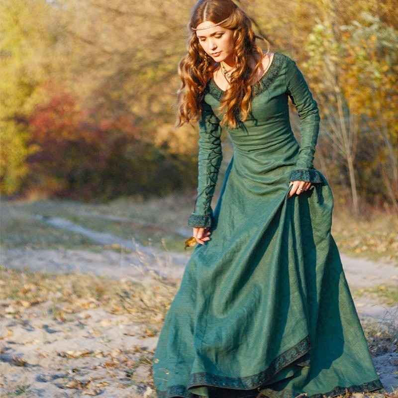 여성용 중세풍 롱 드레스, V넥, 긴 소매, 레이스 장 - Medieval Renaissance Dress Women 리뷰 및 가격
