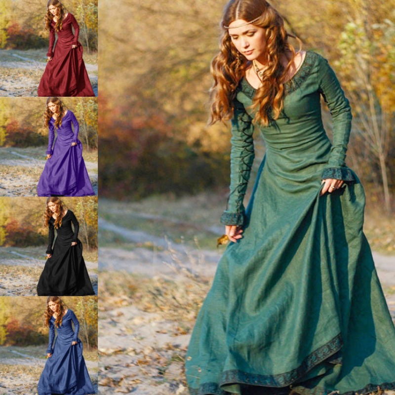 여성용 중세풍 롱 드레스, V넥, 긴 소매, 레이스 장 - Medieval Renaissance Dress Women 리뷰 및 가격